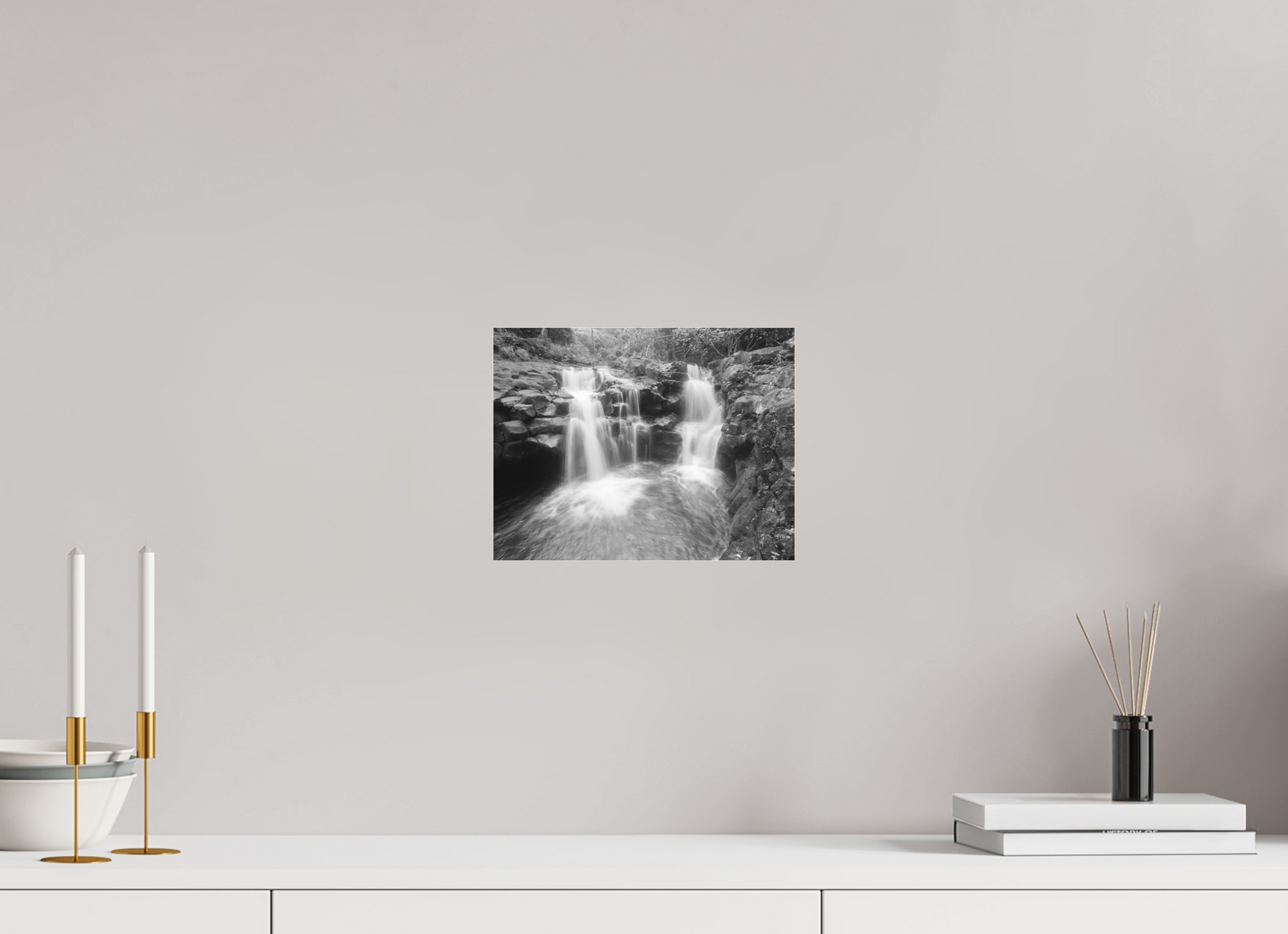 10.4 x 8″, Borderless Modern Frame - Ilford Black & White under Matte Acrylic Glass Ho'opi'i Falls