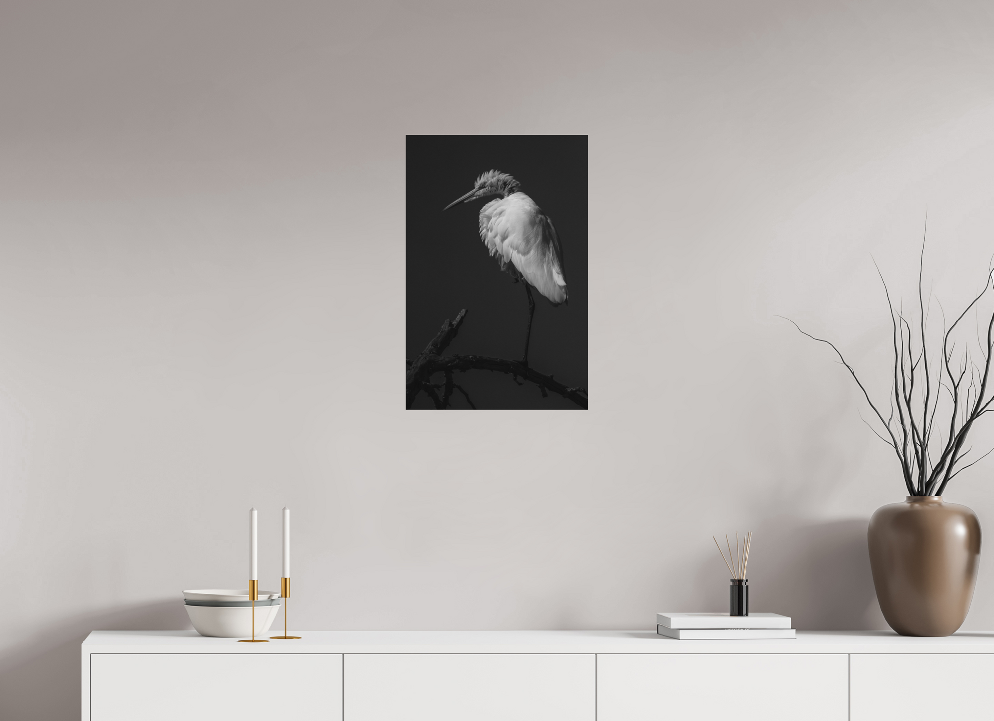 16 x 24″, Borderless Modern Frame - Ilford Black & White under Matte Acrylic Glass Egret on a Stick