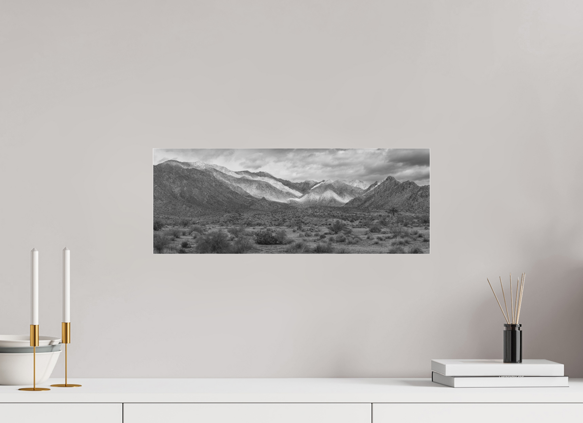 21 x 8″, Borderless Modern Frame - Ilford Black & White under Matte Acrylic Glass Rare Rain at Joshua Tree